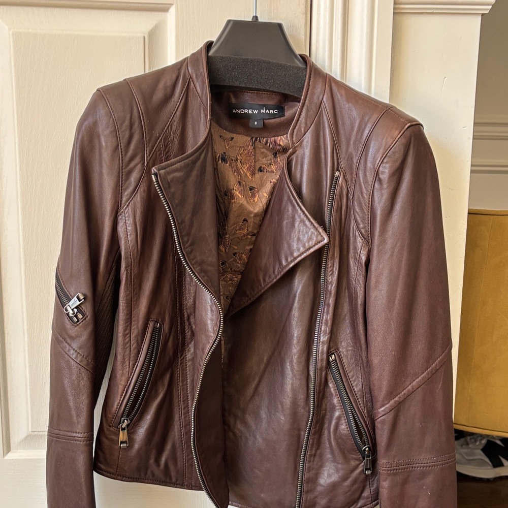 Andrew Marc Dark Brown Leather Moto Jacket. Size S
